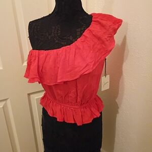 Japna Coral Ruffled One-Shoulder Blouse